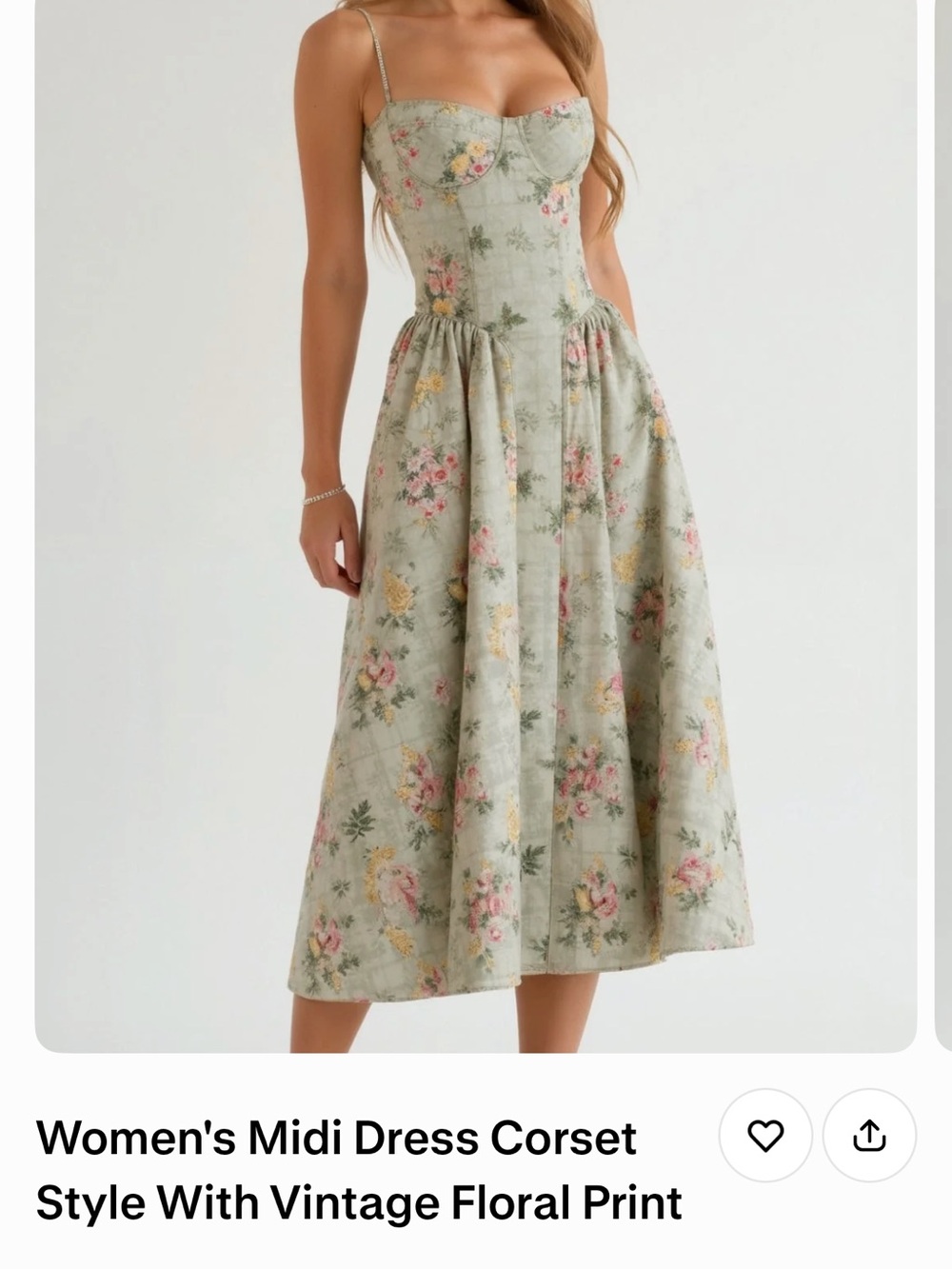 Vintage-Inspired Sage Green Floral Corset Midi Dress